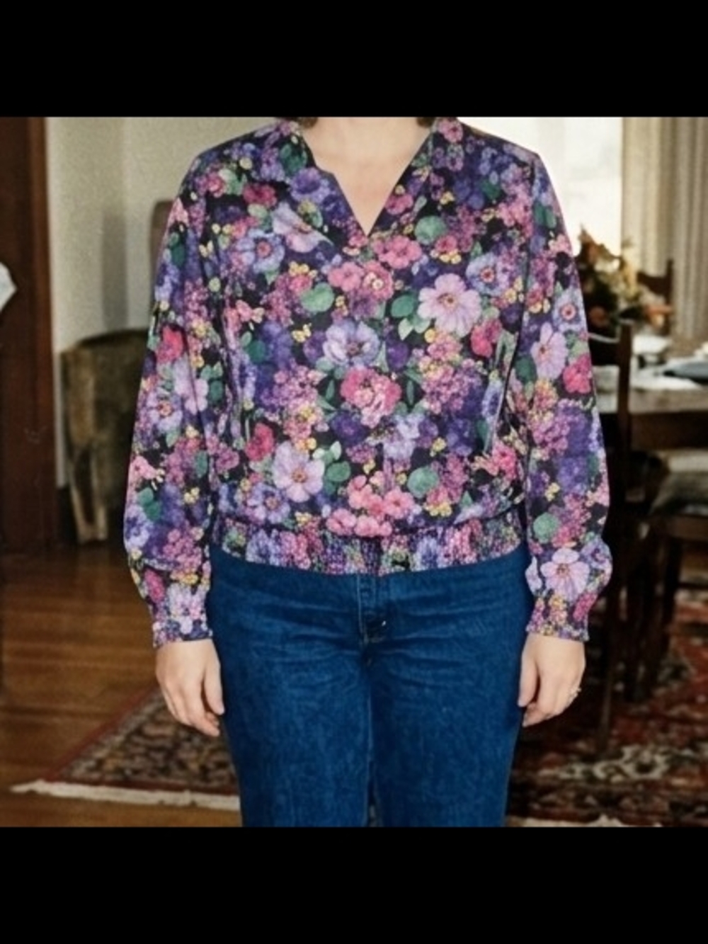 Vintage Functionals Floral V-Neck Long Sleeve Blouse in Purple & Pink